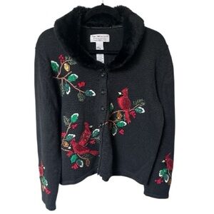 VTG Tiara International Women’s Black Christmas Cardinal Cardigan Sweater Large